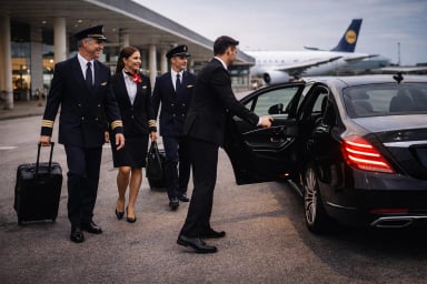 Pilots and crew near an airport car