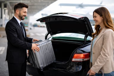 Businessman helping woman with suitcase at airport