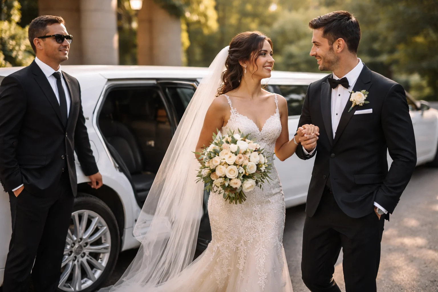 Bride and groom smiling outside a luxury car on their wedding day.