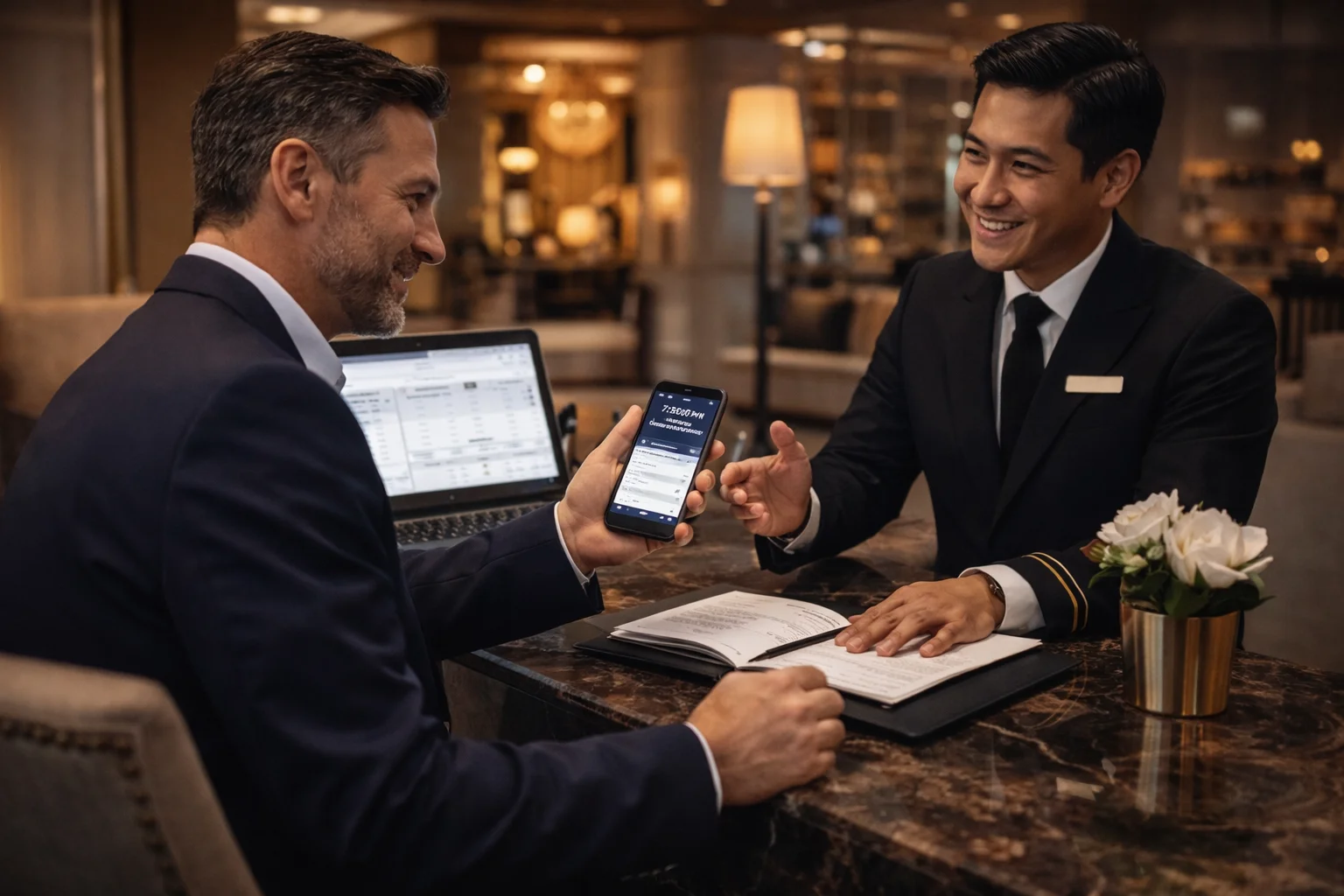 Business meeting at hotel reception with smartphone and laptop.