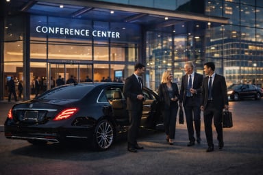 Business professionals arriving at a conference center.