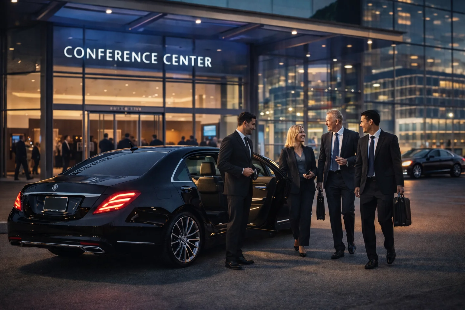 Business professionals arriving at a conference center.