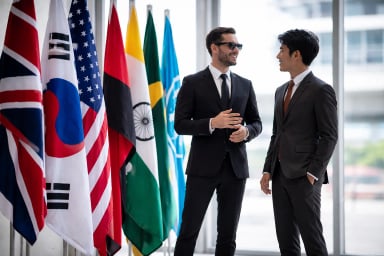 Two business professionals conversing near flags.