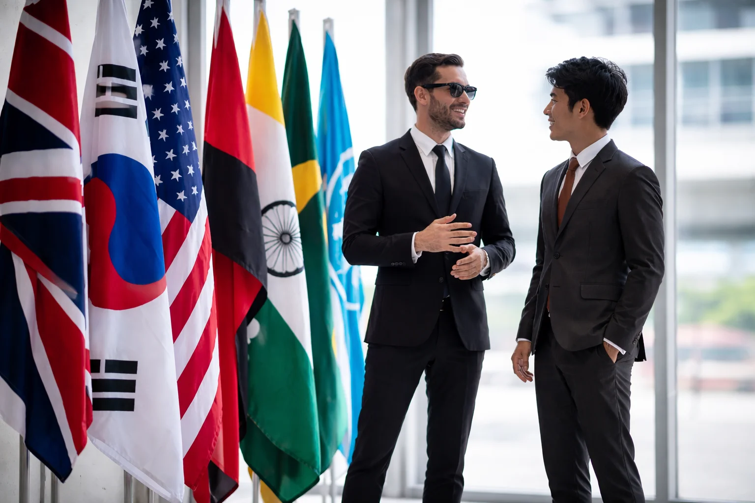 Two business professionals conversing near flags.
