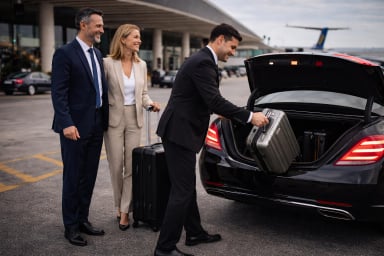 Business travelers arriving at the airport with luggage