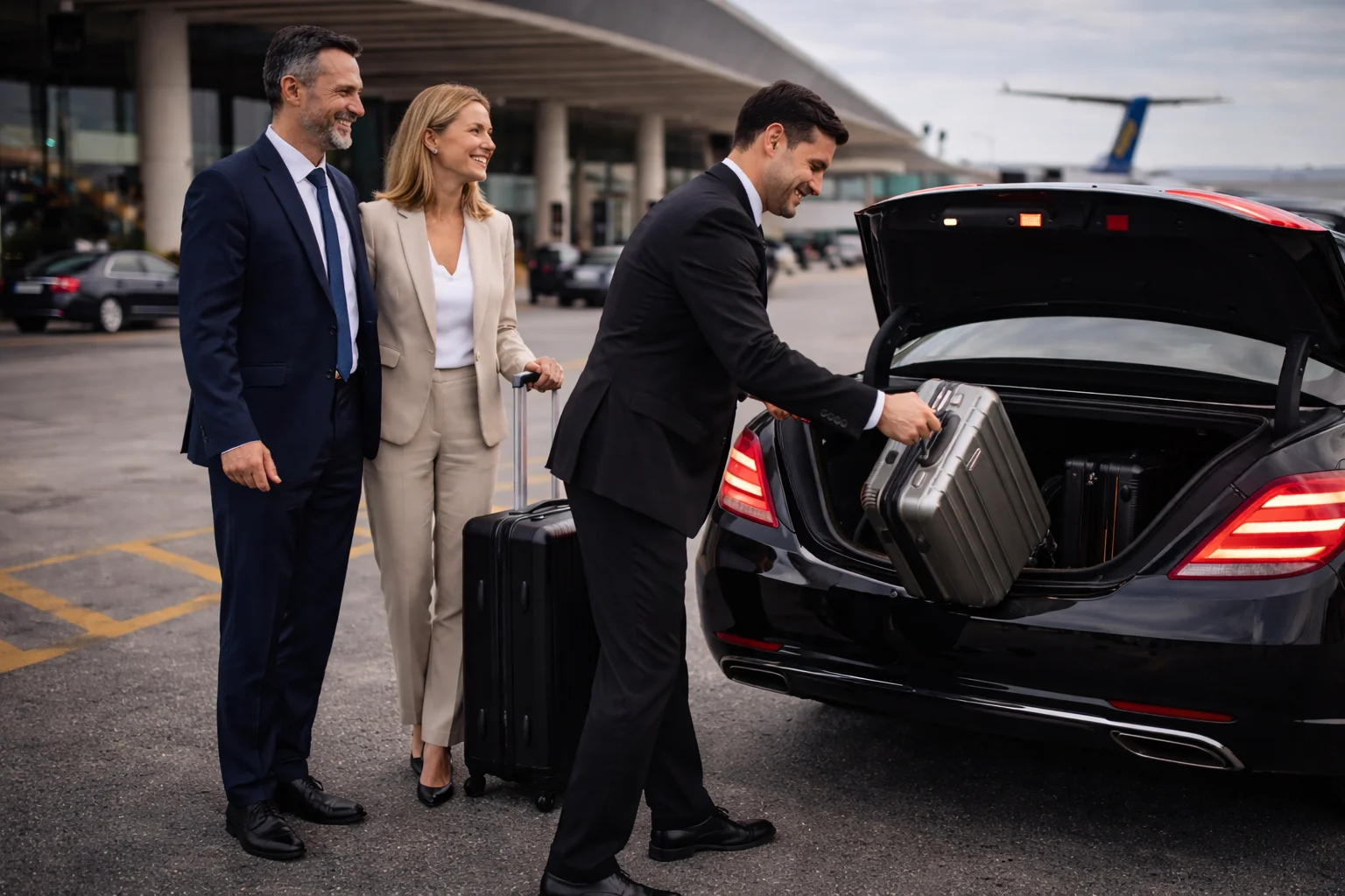 Business travelers arriving at the airport with luggage