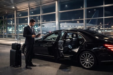 Businessman uses tablet next to luxury black car at airport