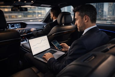 Businessman working on laptop and phone in car