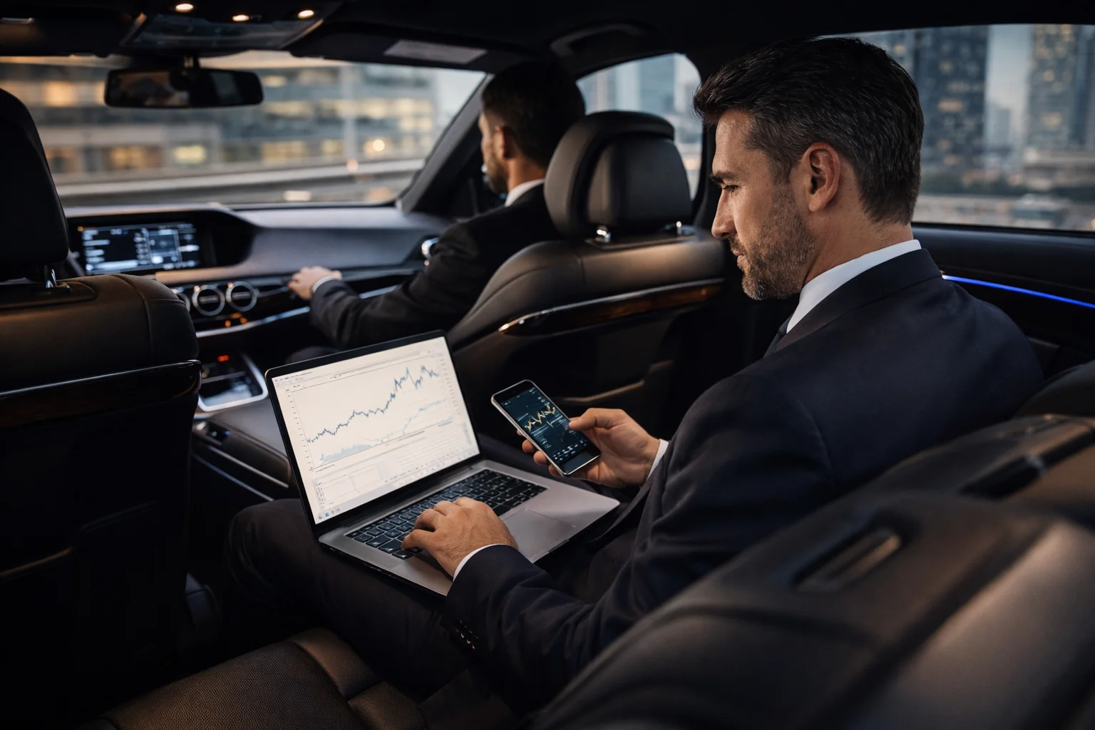 Businessman working on laptop and phone in car