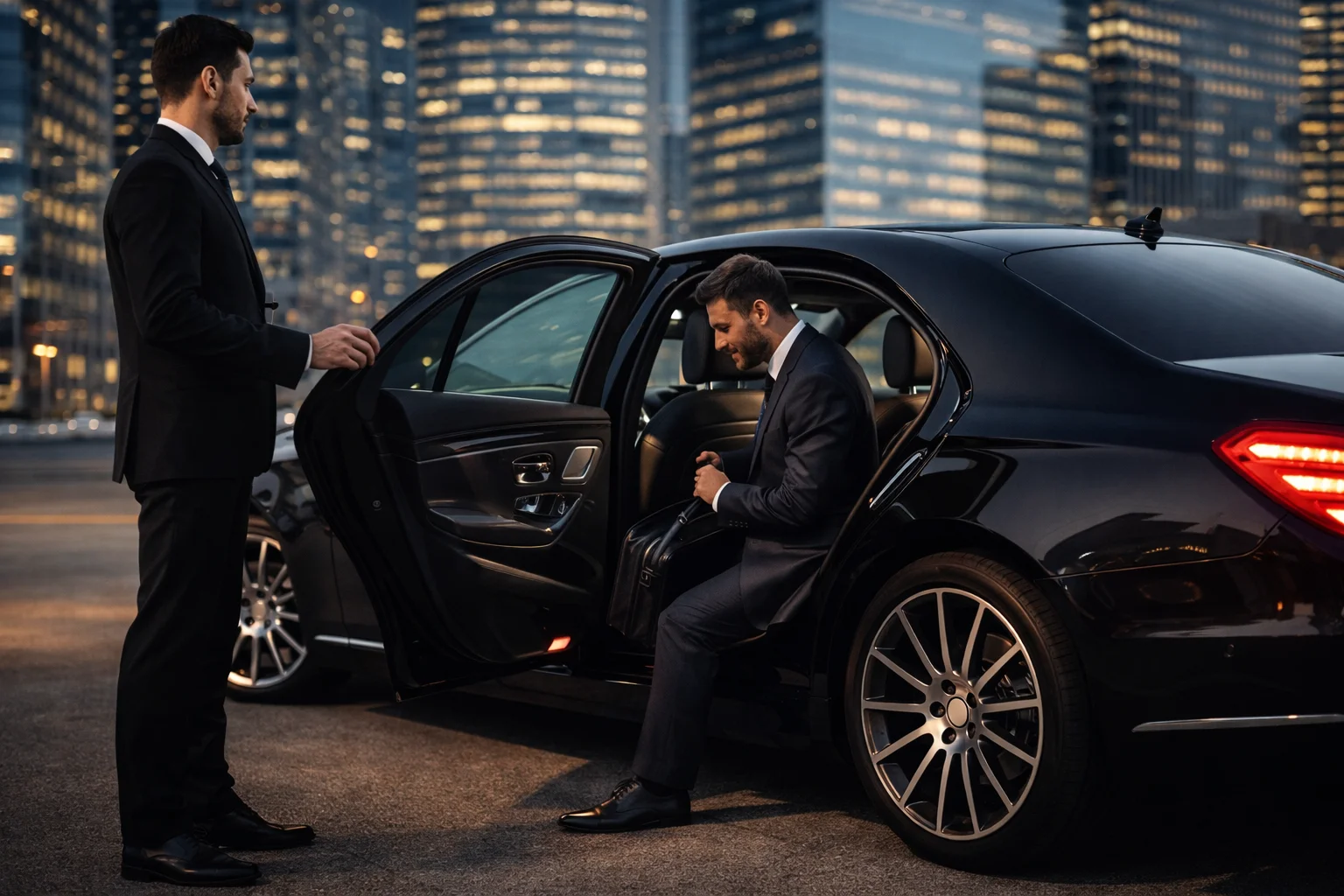 Businessman exiting luxury car in cityscape at night