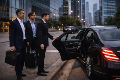 Business professionals getting into a luxury car in a cityscape.