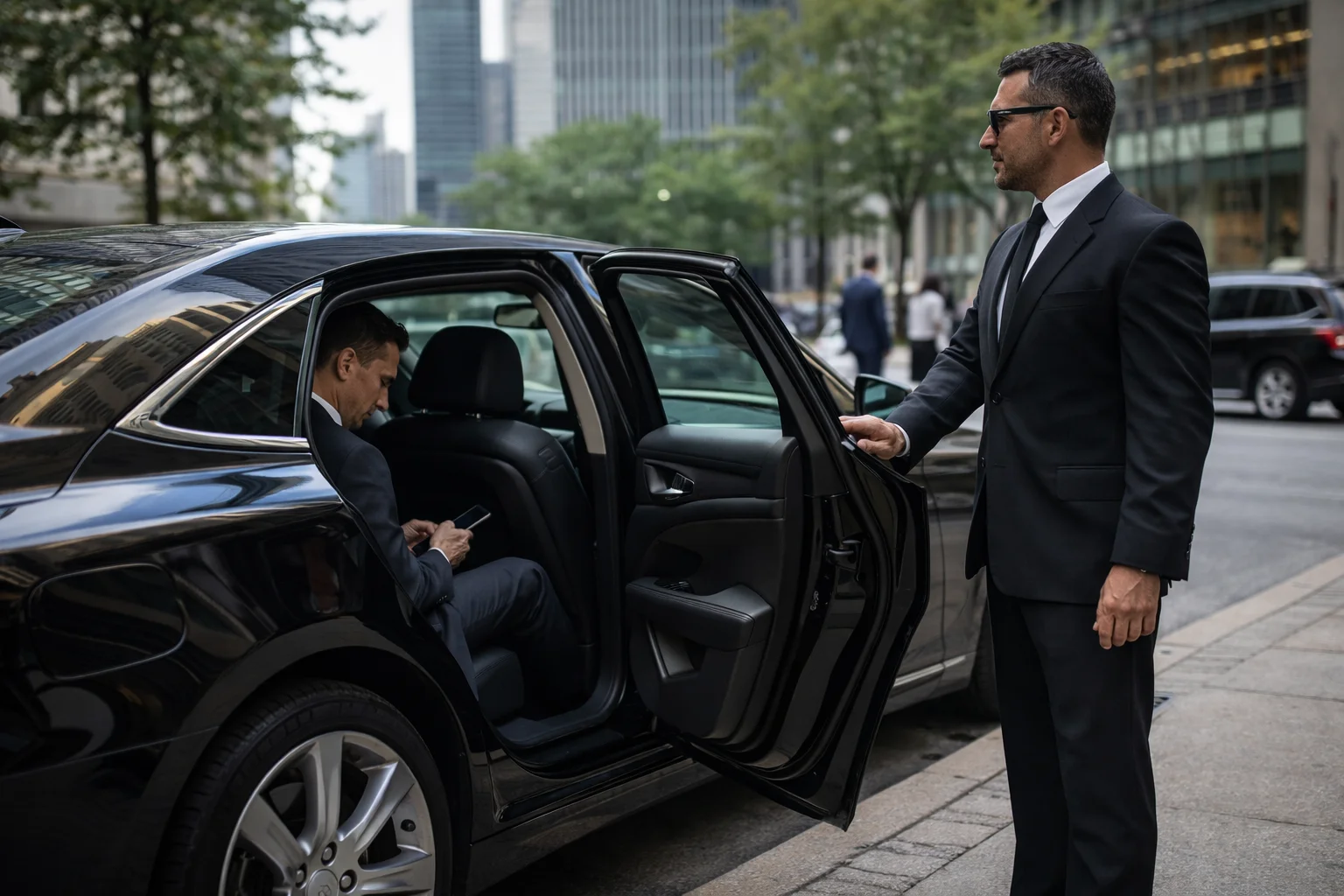 Chauffeur assisting businessman entering luxury car in city.