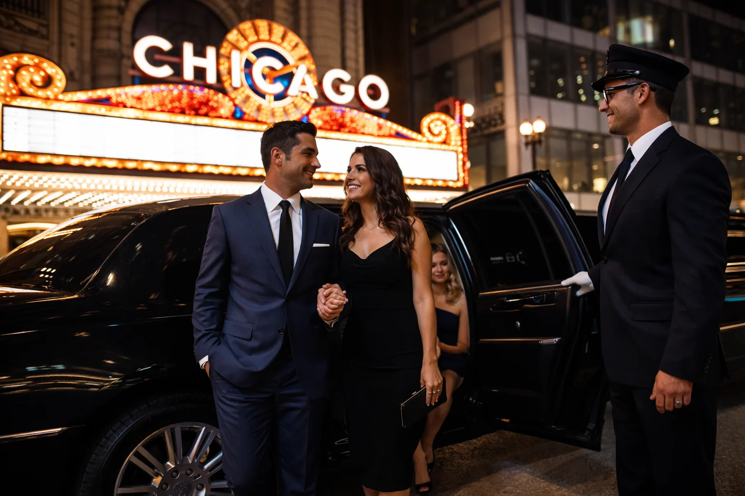 A couple exits a limousine in front of the Chicago theater.
