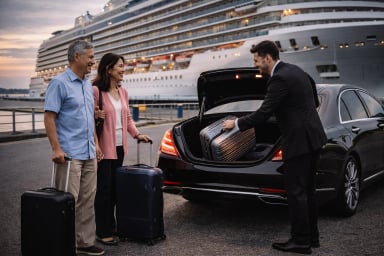 A couple loading luggage into a car by a cruise ship.