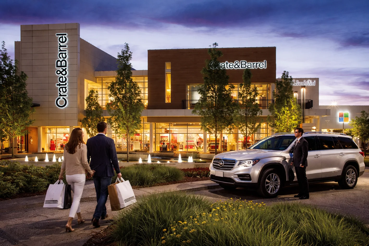 Couple shopping at Crate & Barrel with car nearby
