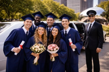 Group of joyful graduate friends celebrating outdoors