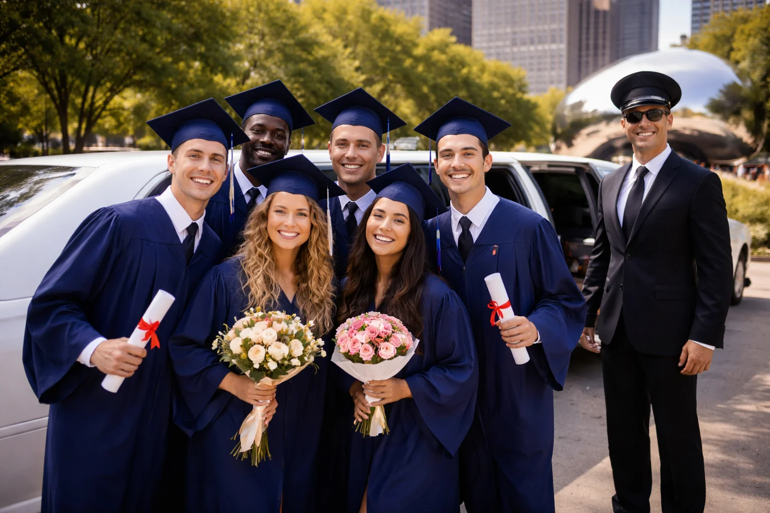 Group of joyful graduate friends celebrating outdoors