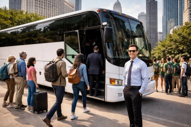 Group boarding a charter bus in a city