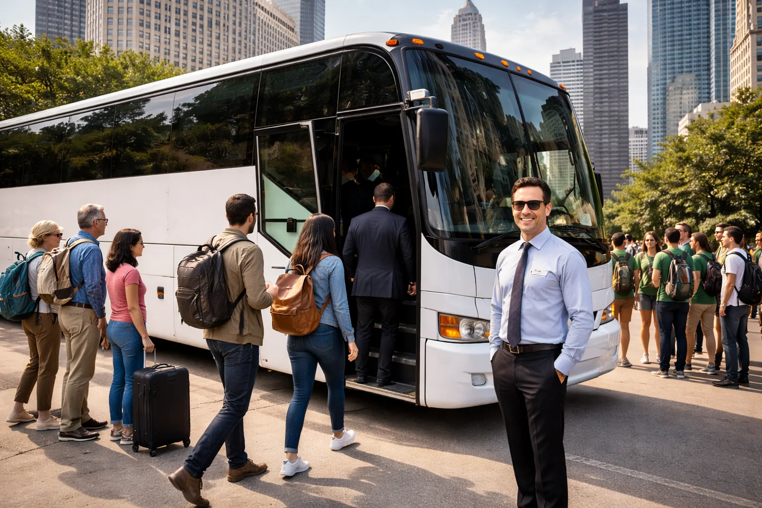 Group boarding a charter bus in a city