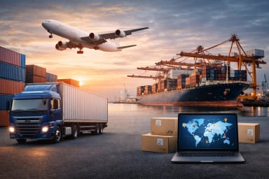 Cargo transport scene featuring truck, containers, ship, and plane