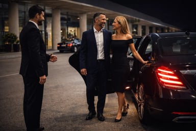 Elegant couple arriving at an event in a luxury car.