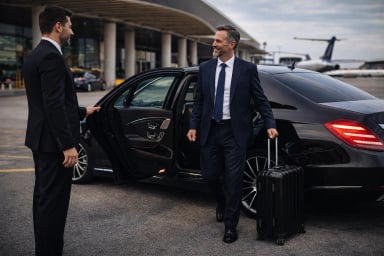 Businessman arriving at airport in luxury car