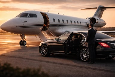 Luxury car and private jet on runway at sunset
