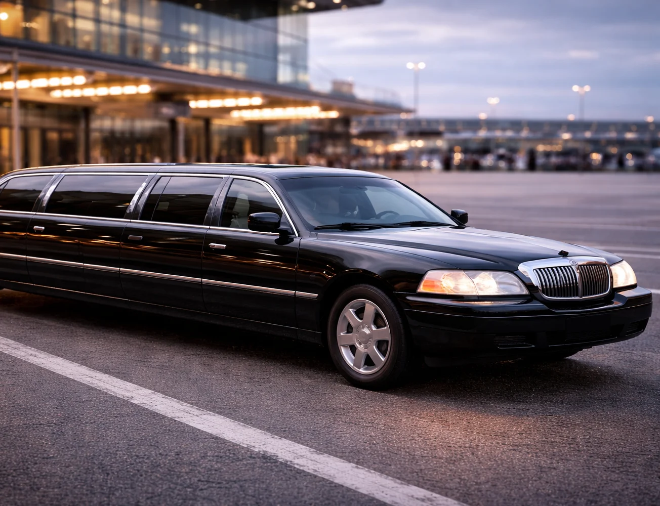 Black limousine parked at an airport terminal