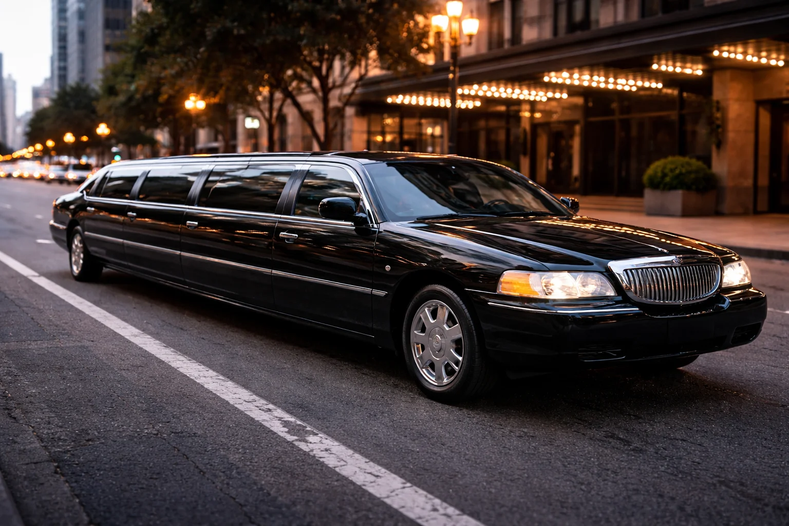 Black limousine parked on a city street at dusk.