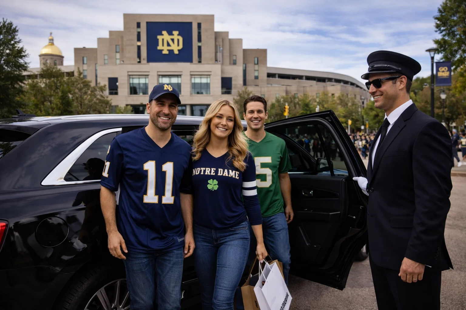 Group of fans outside Notre Dame stadium, dressed for game day.