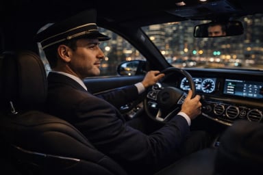 Chauffeur driving a luxury car at night
