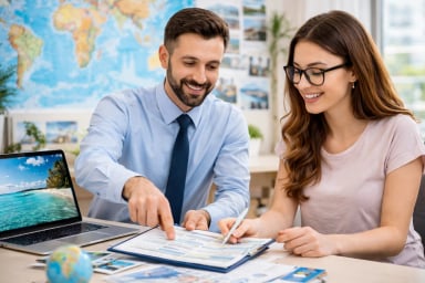 Two professionals discussing travel plans