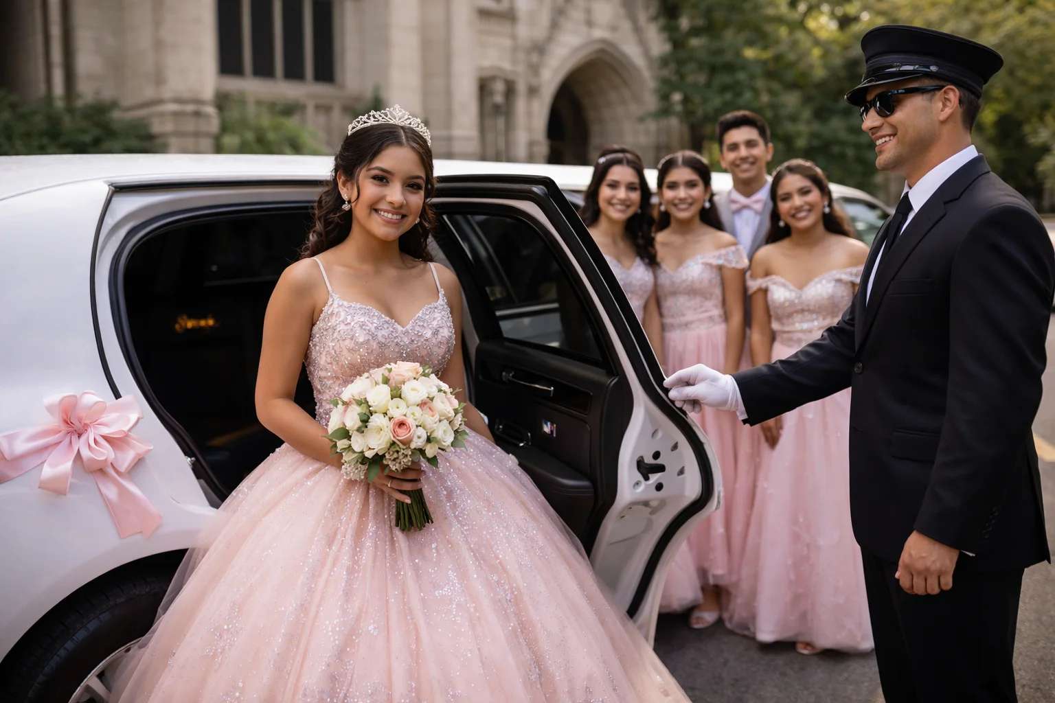 A young woman in a sparkly pink gown exits a limousine with friends.